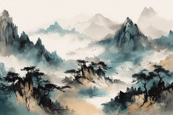 Fototapeta: Azjatycka panorama gór we mgle