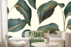 Fototapeta: Background with tropical leaves of dark green color with golden