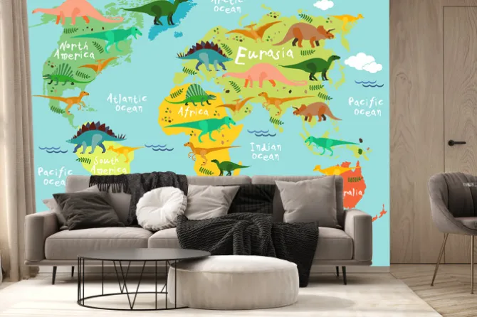 Fototapeta: Bajkowe dinozaury na mapie dla dzieci