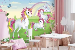 Fototapeta: Bajkowe jednorożce wśród kwiatów z zamkiem i tęczą
