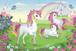 Fototapeta: Bajkowe jednorożce wśród kwiatów z zamkiem i tęczą