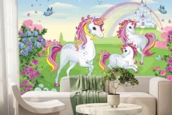 Fototapeta: Bajkowe jednorożce wśród kwiatów z zamkiem i tęczą