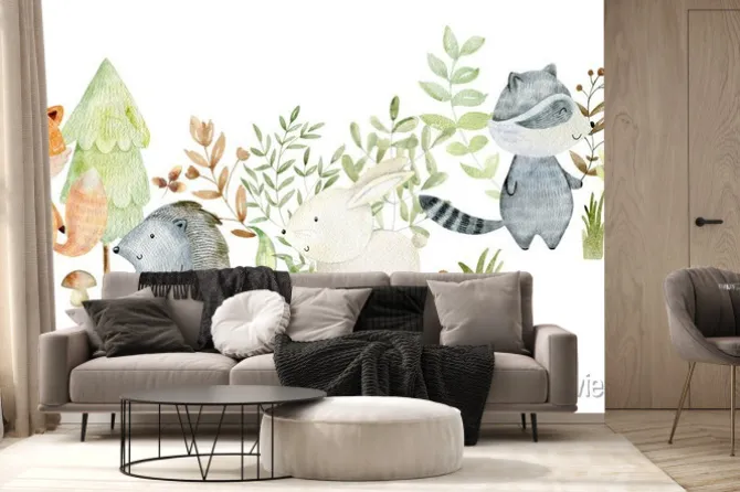 Fototapeta: Bajkowe leśne zwierzęta i rośliny na białym tle