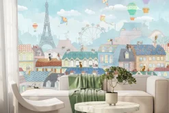Fototapeta: Bajkowe miasteczko z wieżą eiffla i balonami