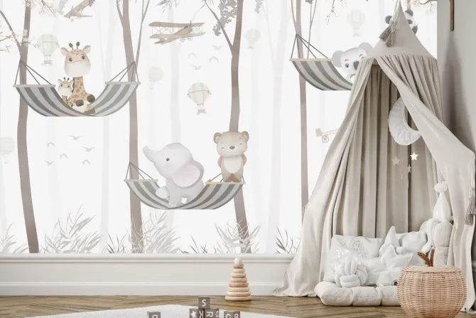 Fototapeta: Bajkowe zwierzęta na hamakach w dżungli