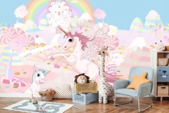 Fototapeta: Bajkowy jednorożec na tle zamku i tęczy