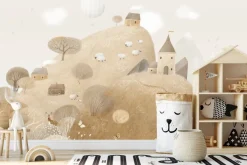 Fototapeta: Bajkowy krajobraz zwierzątka na polanie i domek na wzgórzu dziecięcy