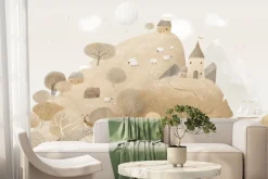 Fototapeta: Bajkowy krajobraz zwierzątka na polanie i domek na wzgórzu dziecięcy