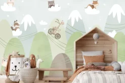 Fototapeta: Bajkowy krajobraz zwierzątka na chmurkach i góry