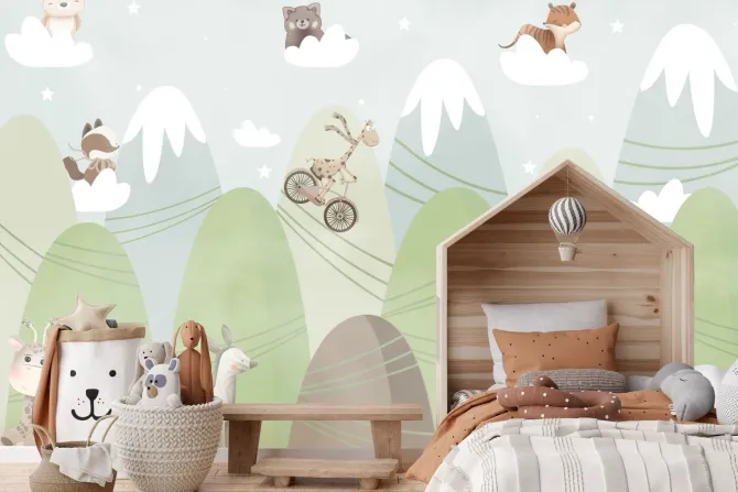 Fototapeta: Bajkowy krajobraz zwierzątka na chmurkach i góry