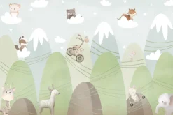 Fototapeta: Bajkowy krajobraz zwierzątka na chmurkach i góry