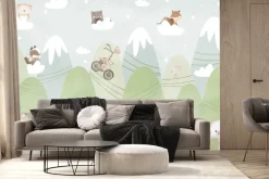 Fototapeta: Bajkowy krajobraz zwierzątka na chmurkach i góry