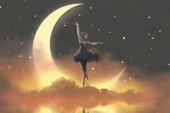 Fototapeta: Baletnica stojąca na księżycu wśród chmur