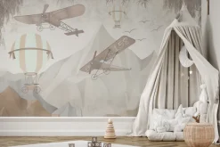 Fototapeta: Balony i samoloty wśród gór w odcieniach beżu i szarości