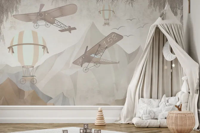Fototapeta: Balony i samoloty wśród gór w odcieniach beżu i szarości