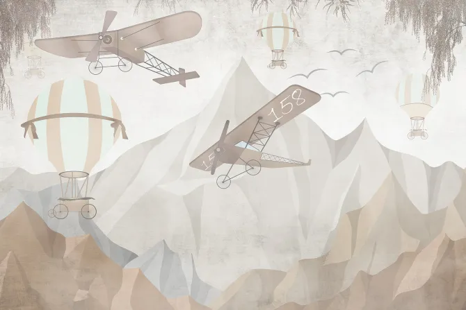 Fototapeta: Balony i samoloty wśród gór w odcieniach beżu i szarości