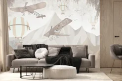 Fototapeta: Balony i samoloty wśród gór w odcieniach beżu i szarości