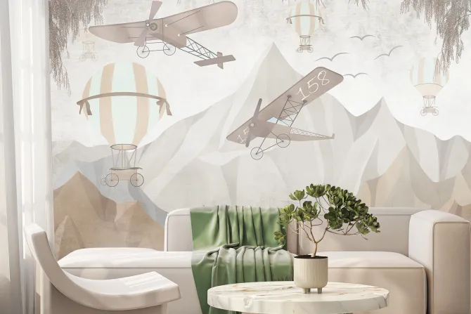 Fototapeta: Balony i samoloty wśród gór w odcieniach beżu i szarości