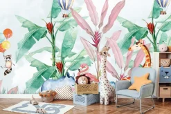 Fototapeta: Balony i zwierzątka z dżungli w akwarelowym stylu