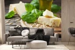 Fototapeta: Bazylia, ser, sosny i oliwa z oliwek na drewnianym stole