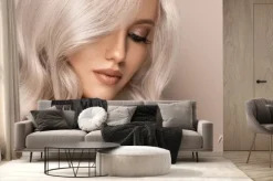 Fototapeta: Beautiful girl with hair coloring in ultra blond. stylish hairstyle