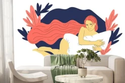 Fototapeta: Beautiful hand drawn flat style girl with long hair is lying