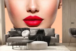 Fototapeta: Beautiful white girl with a red lipstick on lips. stunning brunette