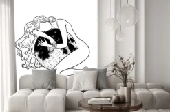 Fototapeta: Beautiful woman hugging full moon, magic theme, goddess symbol.