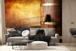 Fototapeta: Beczka wina i korkociąg na drewnianym stole