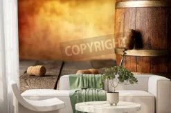 Fototapeta: Beczka wina i korkociąg na drewnianym stole