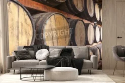 Fototapeta: Beczki dębowe ułożone do przechowywania napojów alkoholowych,