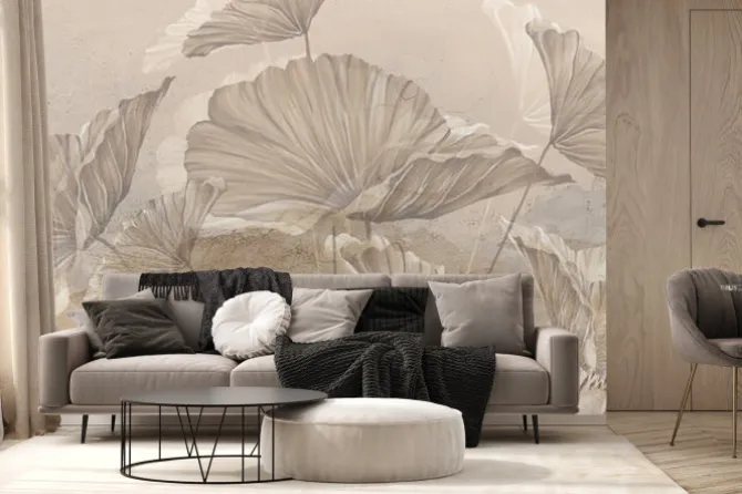 Fototapeta: Beżowe liście na betonowej ścianie