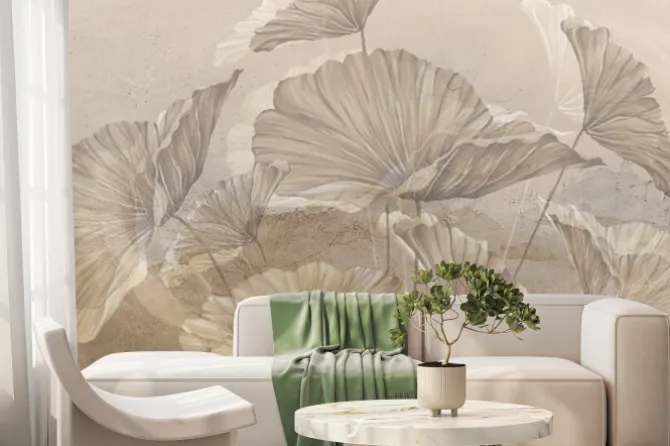 Fototapeta: Beżowe liście na betonowej ścianie