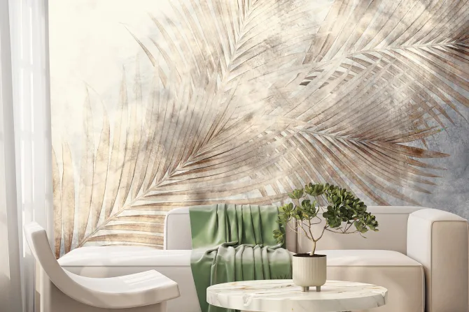 Fototapeta: Beżowe liście palmowe w stylu industrialnym