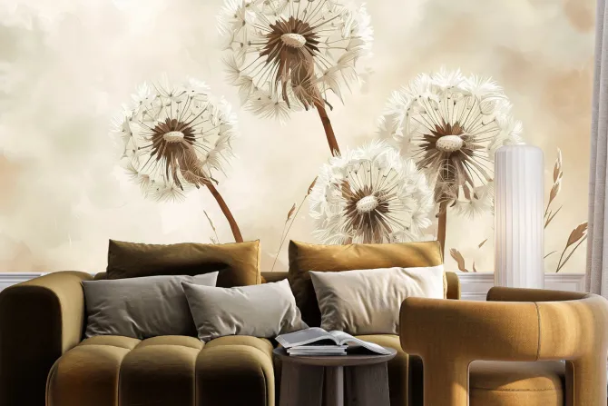 Fototapeta: Beżowy abstrakcyjny motyw kwiatów mniszka lekarskiego na akwarelowym