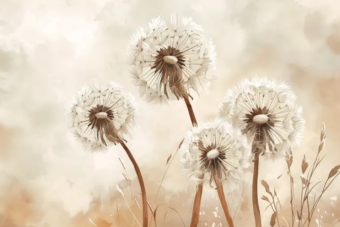 Fototapeta: Beżowy abstrakcyjny motyw kwiatów mniszka lekarskiego na akwarelowym