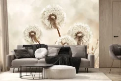 Fototapeta: Beżowy abstrakcyjny motyw kwiatów mniszka lekarskiego na akwarelowym