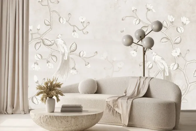 Fototapeta: Beżowy motyw z ptakami na gałązkach magnolii