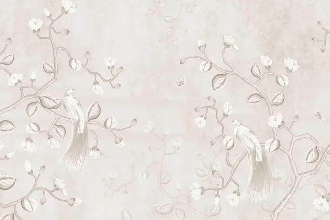 Fototapeta: Beżowy motyw z ptakami na gałązkach magnolii