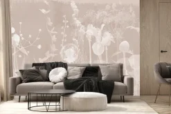 Fototapeta: Białe dmuchawce i kwiaty polne na beżowym tle botaniczny delikatny