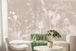 Fototapeta: Białe dmuchawce i kwiaty polne na beżowym tle botaniczny delikatny