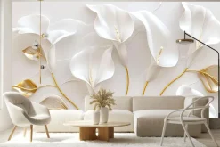 Fototapeta: Białe kalie kwiaty i złote liście w stylu glamour