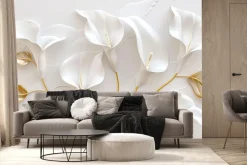 Fototapeta: Białe kalie kwiaty i złote liście w stylu glamour