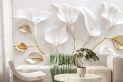 Fototapeta: Białe kalie kwiaty i złote liście w stylu glamour
