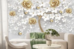 Fototapeta: Białe kwiaty i złotawe róże w stylu biżuterii