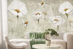 Fototapeta: Białe kwiaty szkic na betonowym tle nowoczesna dekoracja