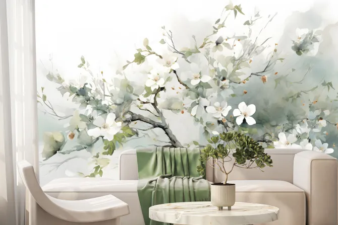 Fototapeta: Białe kwiaty wiśni na gałęzi