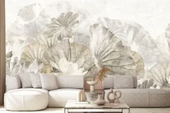 Fototapeta: Białe lilie wodne wśród dużych liści w stylu akwareli delikatna