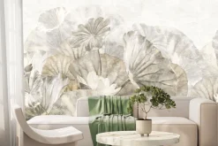 Fototapeta: Białe lilie wodne wśród dużych liści w stylu akwareli delikatna