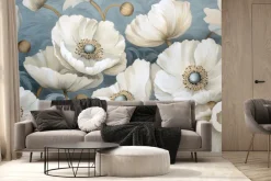 Fototapeta: Białe maki na błękitnym tle